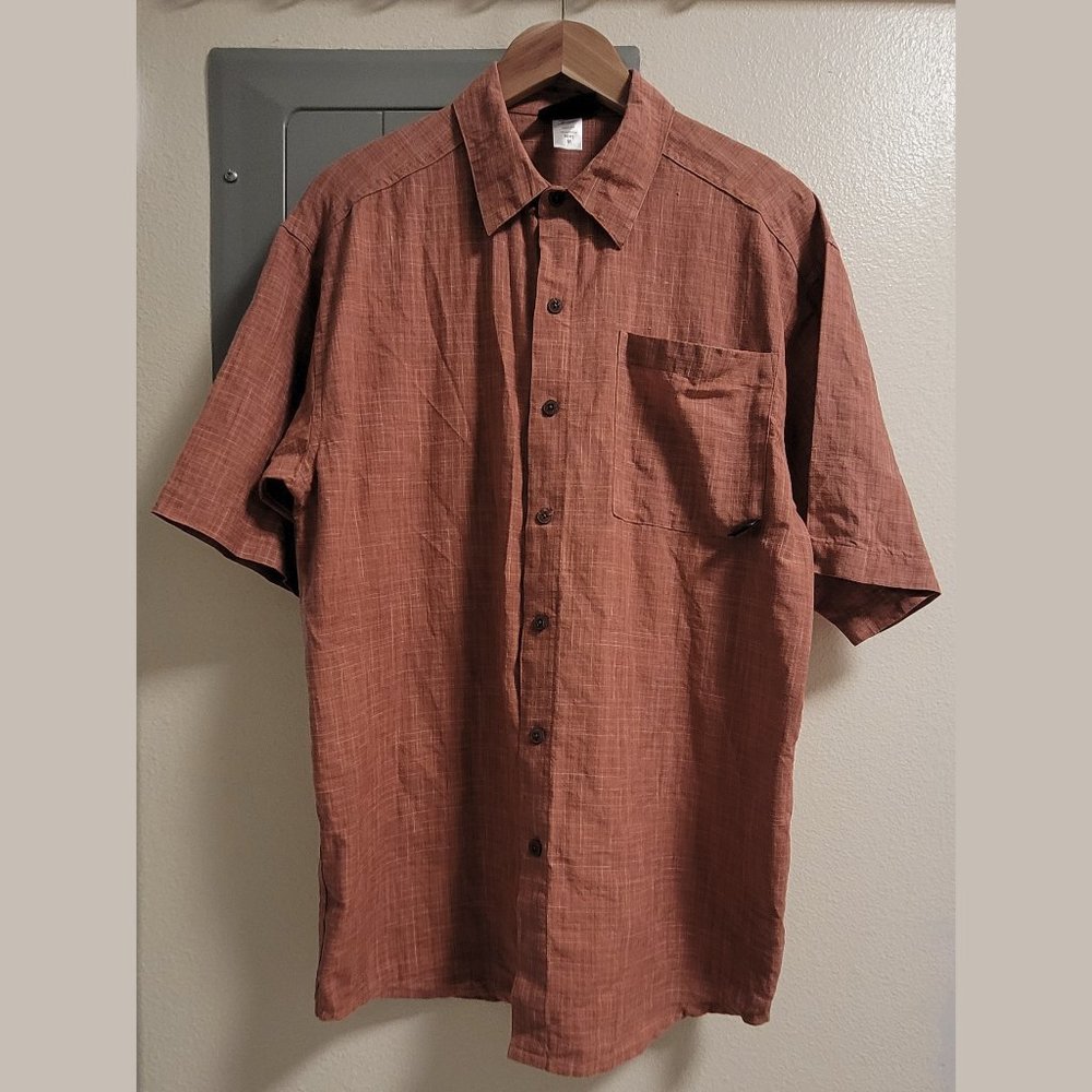 Patagonia M Button Short Sleeve Shirt, Red Orange Plaid, 100% Hemp OVERSIZE